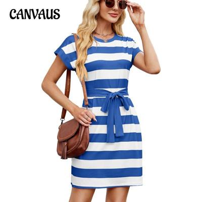 Женские новые весенне-летние полосатые свободные повседневные платья с короткими рукавами и завязкой на талии