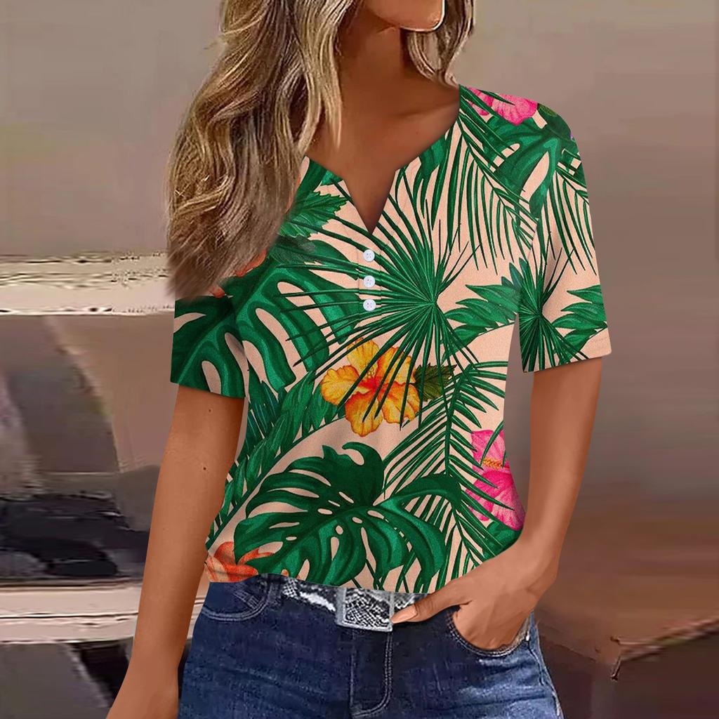 Women's T Shirt Print Button Short Sleeve Daily Weekend Fashion Basic V- Neck Regular Top