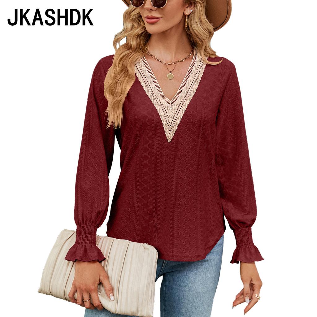 JKAASHDK женские модные повседневные однотонные принты весенне-осенние блузки и рубашки с v-образным вырезом и длинными рукавами