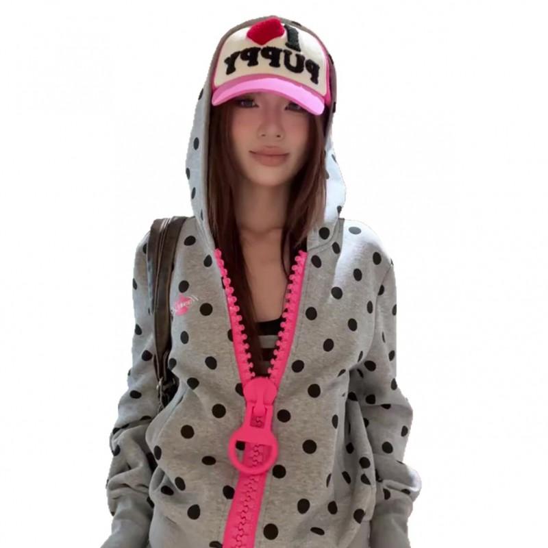 Vintage Letter Print Polka Dot Hooded Cardigan Sweatshirt Short Loose Casual Jacket Women Unisex