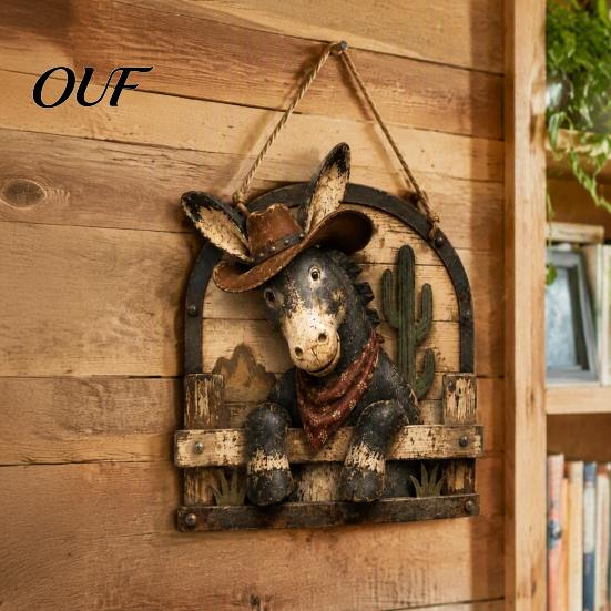 Decorative Wooden Sign for Bar Western Cowboy Donkey Hanging Sign, Rustic Farmhouse Wall Decor with Art Living Room Rope, Country Style Animal Pendant