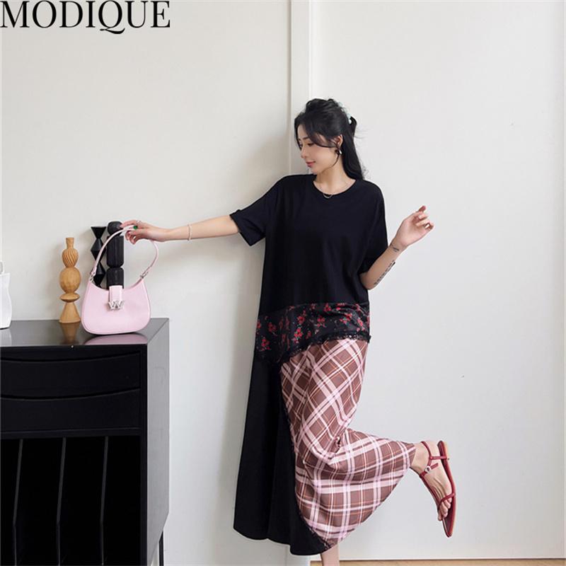 MODIQUE Summer Plus Size New Women Loose Patchwork A-Line Lace Printing Plaid Long Dresses Elegant Lady Casual Cotton O-Neck Short Sleeve Skirt