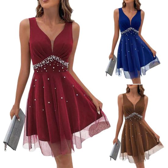 Женское вечернее платье с V-образным вырезом без рукавов из искусственного жемчуга А-силуэта Двухслойная сетка Узкая с высокой талией Сплошное цветное бальное платье для выпускного вечера Мини-платье