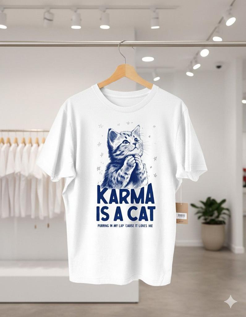 Unisex shirt Cotton Oversize Large Size Karma Is a Cat Funny Cat Lover Graphic White Tee - S338