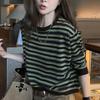 Velvet Green Striped Long Sleeve Round Neck Korean Retro Color Block Top for Women