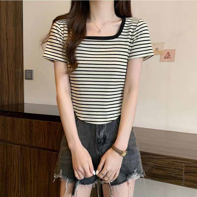 Футболка с коротким рукавом, корейская повседневная модная рубашка с U-образным вырезом, топы, женская однотонная полосатая футболка