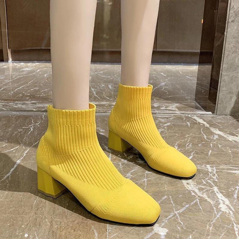 Women's Stretch Fabric Short Boots Women's 2024 High Heels Round Toe Women's Stiletto Heels Fashion Ankle Boots Rubber Autumn