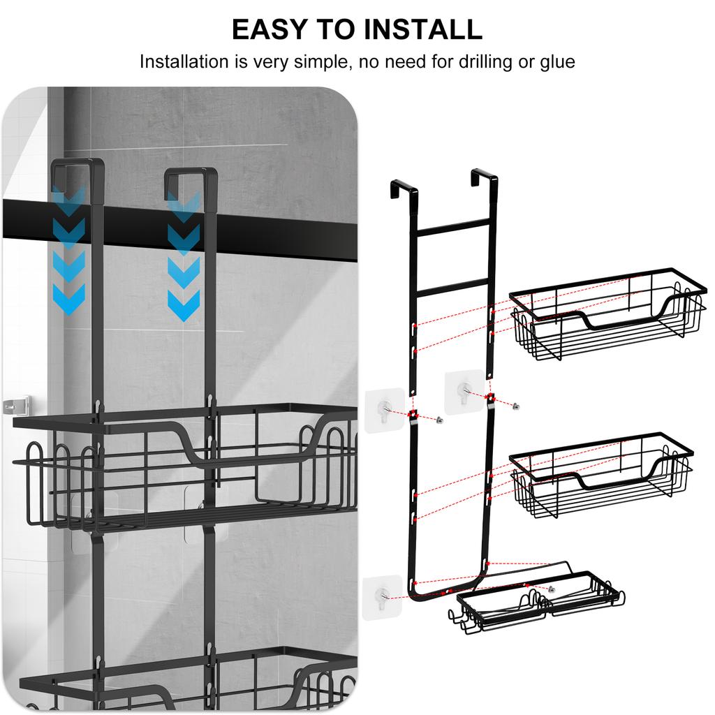 Metal 3 Tier Shower Hanging Basket Rustproof Shower Hanging Organizer Shelf with Soap Holder No Drill Over The Door Shower Caddy