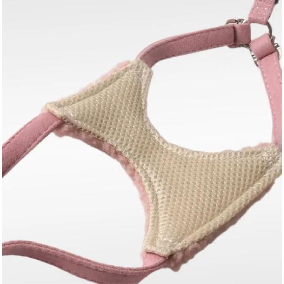 Cozy Faux Shearling Dog Harness Leash Set with Metal Bow - Adjustable Soft Vest for Small Dogs, Winter Pet Harness Vest