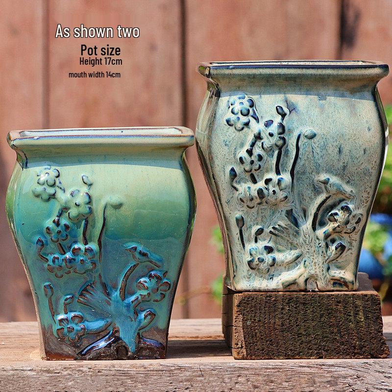Yixing Handmade Square Mouth Coarse Pottery Planter - Large Succulent Flower Pot with Old Branch Design and Jade Pendant.