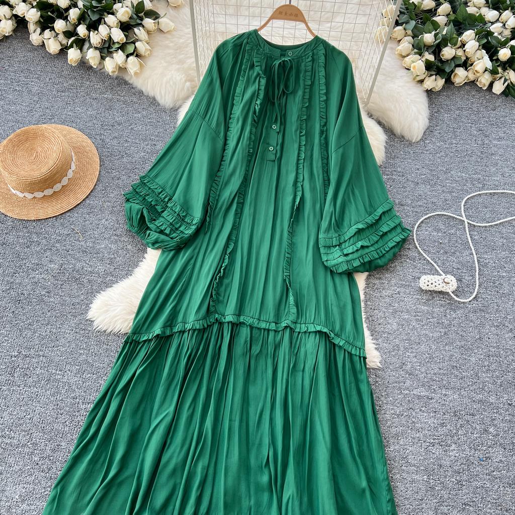 Винтажное однобортное платье с круглым вырезом на шнуровке, модное, с длинными рукавами, элегантное, свободное, с оборками, корейская женская одежда High Street