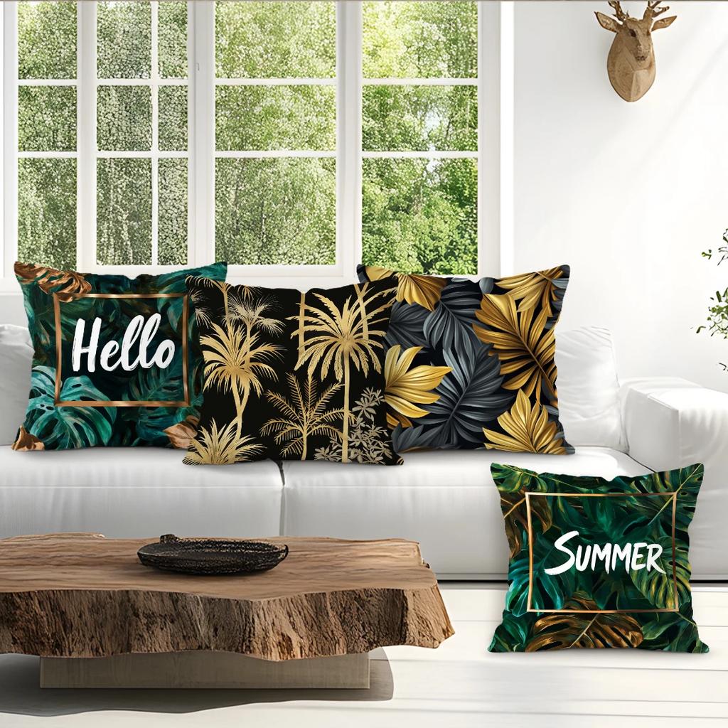 4Pcs Summer Green Plant Print Single-Sided Cushion Cover For Living Room Bedroom Car Home Decor