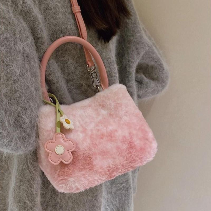 Sweet Cute Pink Gradient Handbag Women Plush Large Capacity Square Shoulder Bag Ladies Fashion 2025 Winter New Crossbody Bag Y2k