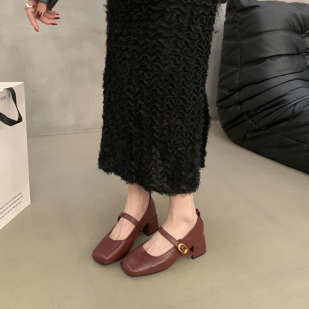 French Retro Square Head Shallow Mouth Single Shoes Women's Shoes 2024 New Spring and Autumn with Skirt Mary Jane Small Leather Shoes