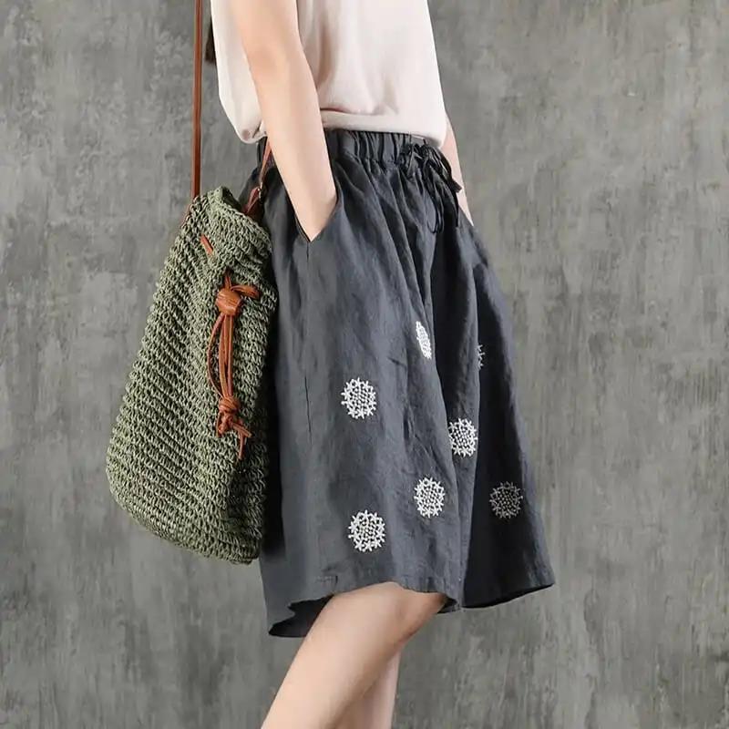 Винтажные брюки с вышивкой размера плюс пять четвертей, универсальные женские широкие шорты из хлопка и льна