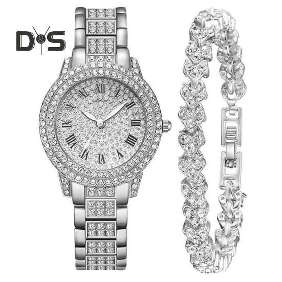 2 шт./комплект женские часы Quart блестящие стразы круглый циферблат высокоточный механизм наручные часы с браслетом