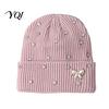 Cozy Stretchy Hat for Daily Wear Sparkly Winter Knitted Hat, Women Rhinestone Knit with Faux Pearl Bow, Fashionable Warm Autumn Stretch Cuffed Ribbed