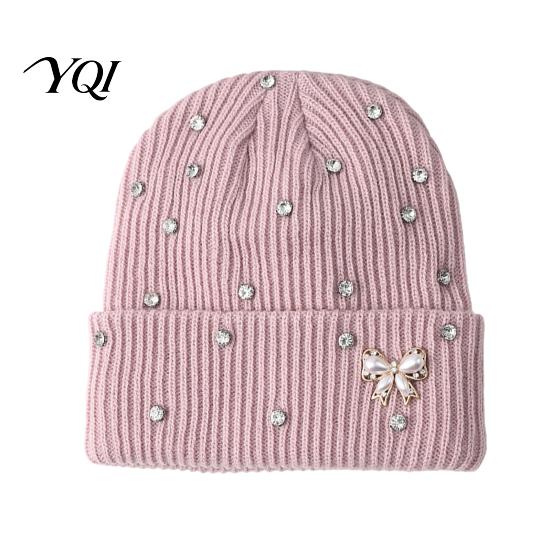 Cozy Stretchy Hat for Daily Wear Sparkly Winter Knitted Hat, Women Rhinestone Knit with Faux Pearl Bow, Fashionable Warm Autumn Stretch Cuffed Ribbed