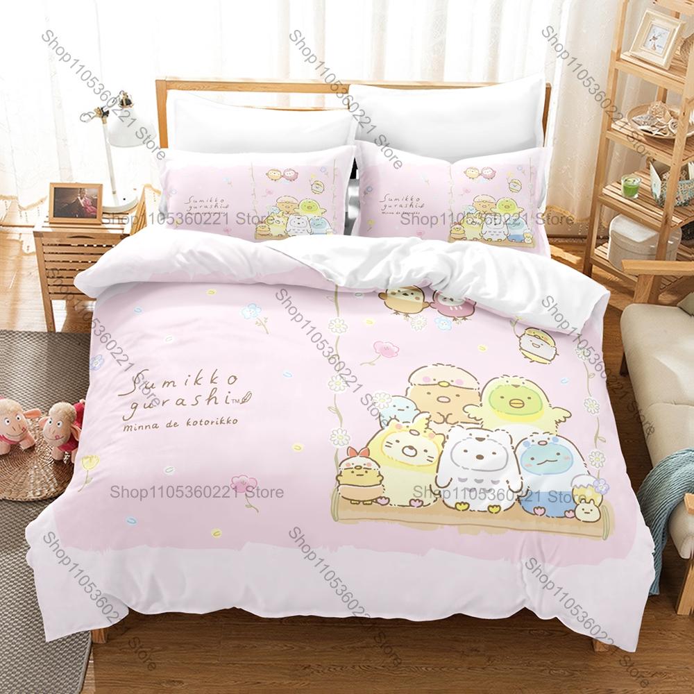 Sumikkogurashi Printed Bedding Set, Duvet Cover plus 2 Pillowcases, Adorable Cartoon Style Soft Microfiber Textiles