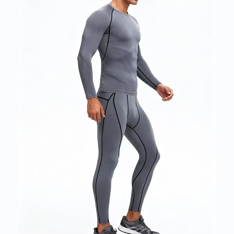 Мужской спортивный фитнес-комплект с быстрой сушкой: Дышащий топ с длинным рукавом и высокоэластичные брюки для баскетбола, бега, футбола и тренировок