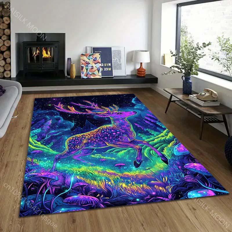 1PC Colorful deer in magical forest Print Carpet Rug for Living Room Bedroom Sofa Doormat Home Decor Non-slip Floor Mat
