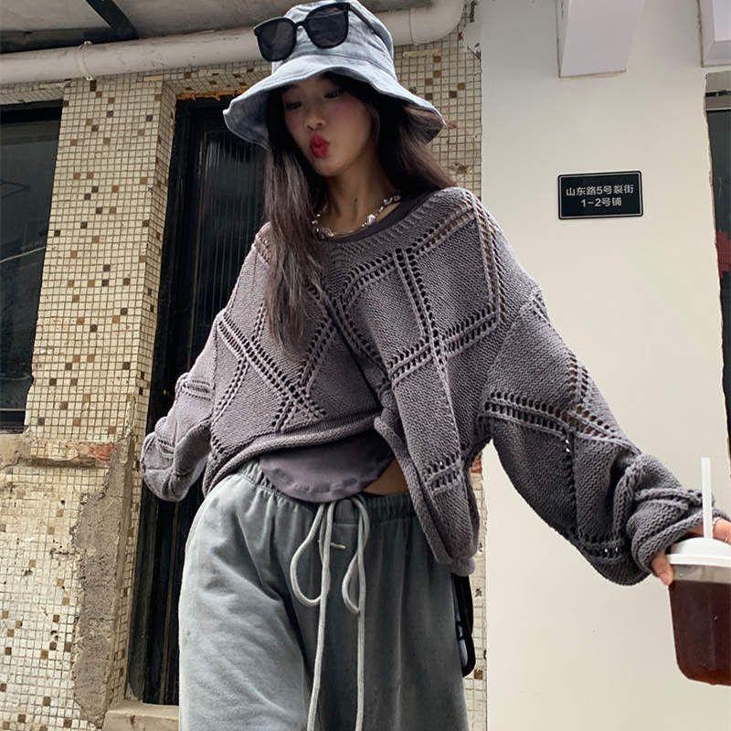 Pullover Sweater Female Early Autumn Diamond Hollow Knitwear Thin Design O Neck Long Sleeve Solid Casual Sweater Top
