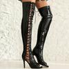 Лакированные черные высокие сапоги женские сексуальные с открытым носком летние высокие длинные танцевальные туфли женские новые тенденции выше колена сапоги
