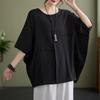 Summer Cotton Hemp Artistic Loose Casual Bat Sleeve Short Sleeve Top T-shirt for Women