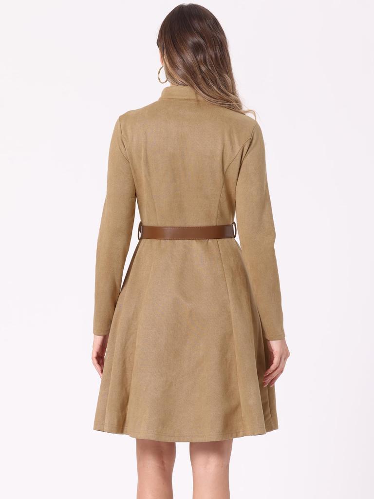 Allegra K Женское платье цвета хаки из искусственной замши с длинными рукавами, воротником-стойкой и поясом, идеально для свадеб, похорон или особых случаев, размер L