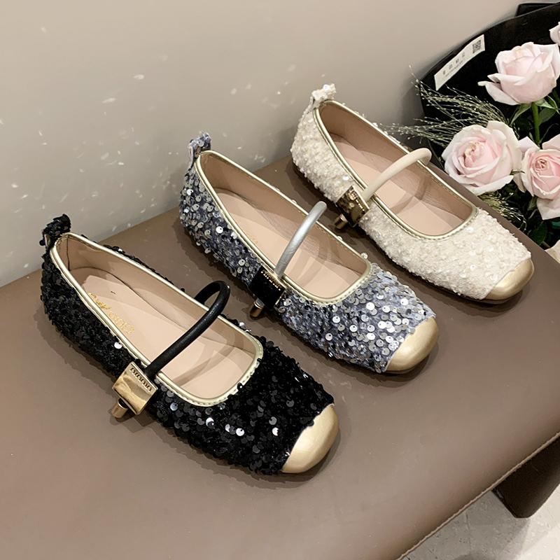 Мода 2024 года, женские туфли с квадратным носком, новые дизайнерские туфли, блестящие балетки для женщин с золотым носком