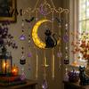 Bat Moon Themed Decor Halloween Stained Glass Style Wind Chime, Acrylic Suncatcher Hanging Ornament with Ghost Black Cat Raven Witch Festive