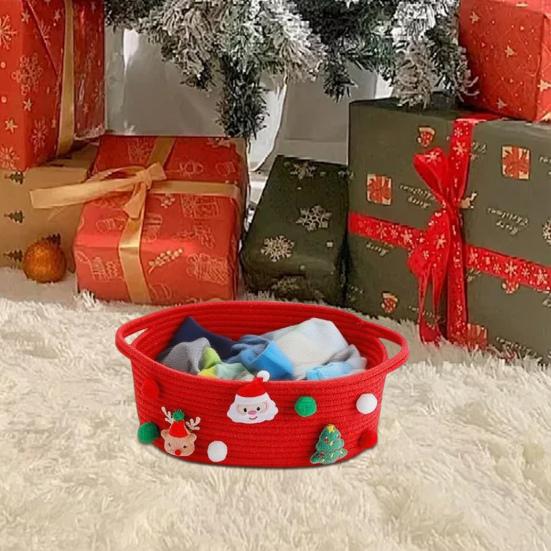 Рождественская подарочная корзина Плетеная корзина из веревки с ручками Большая вместимость Органайзер для игрушек Милая рождественская корзина для праздничных подарков Домашнее хранение