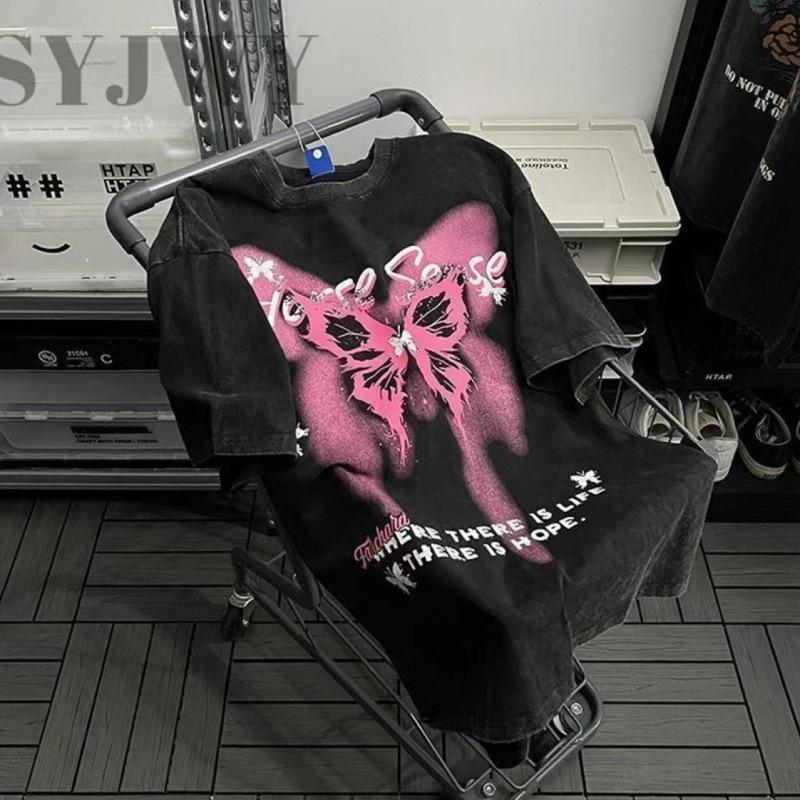 Retro old butterfly print washed short-sleeved T-shirt trendy brand oversize loose couple short-sleeved cotton