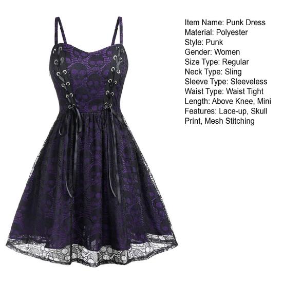 Винтажное мини-платье в готическом стиле в стиле панк-рок с кружевным сетчатым ремешком, женское мини-платье на бретельках с принтом черепа, свободное подол, платье на Хэллоуин без рукавов