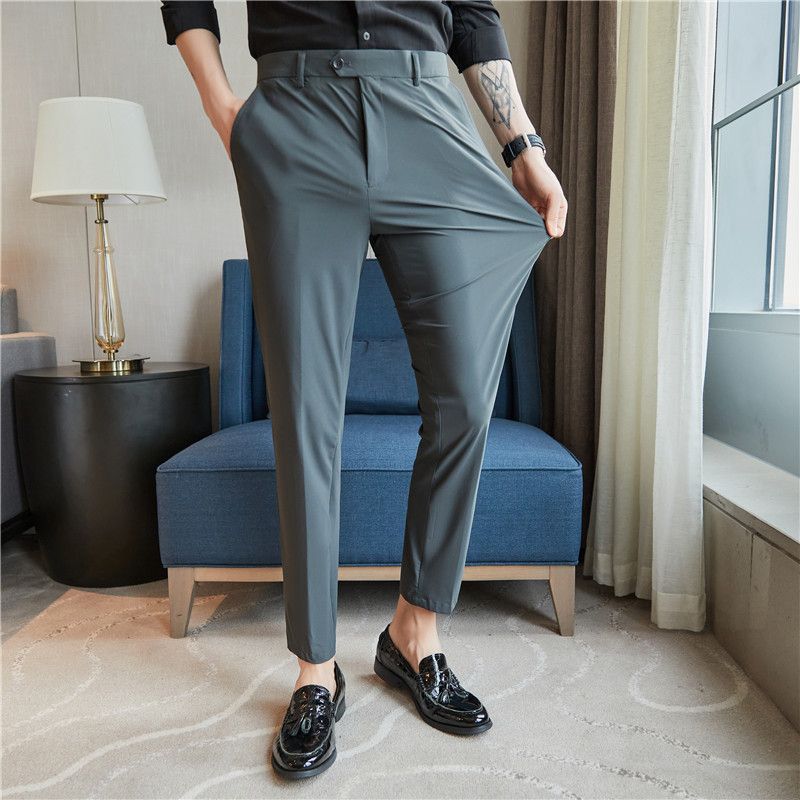 Модные мужские приталенные брюки темно-серого цвета в стиле smart casual, весна-лето, новинка, ледяной шелк, высокая эластичность, деловые укороченные брюки