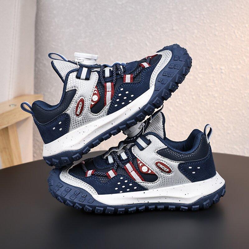 2025 New Rotating Buckle Medium and Large Children's Light Autumn and Winter Waterproof Leather Running Sports Shoes Boys' Non-slip Casual Shoes