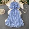 Elegant and Stylish V-neck Lace Short-sleeved Dress for Women Summer Waist-cinching and Slimming Princess Dress