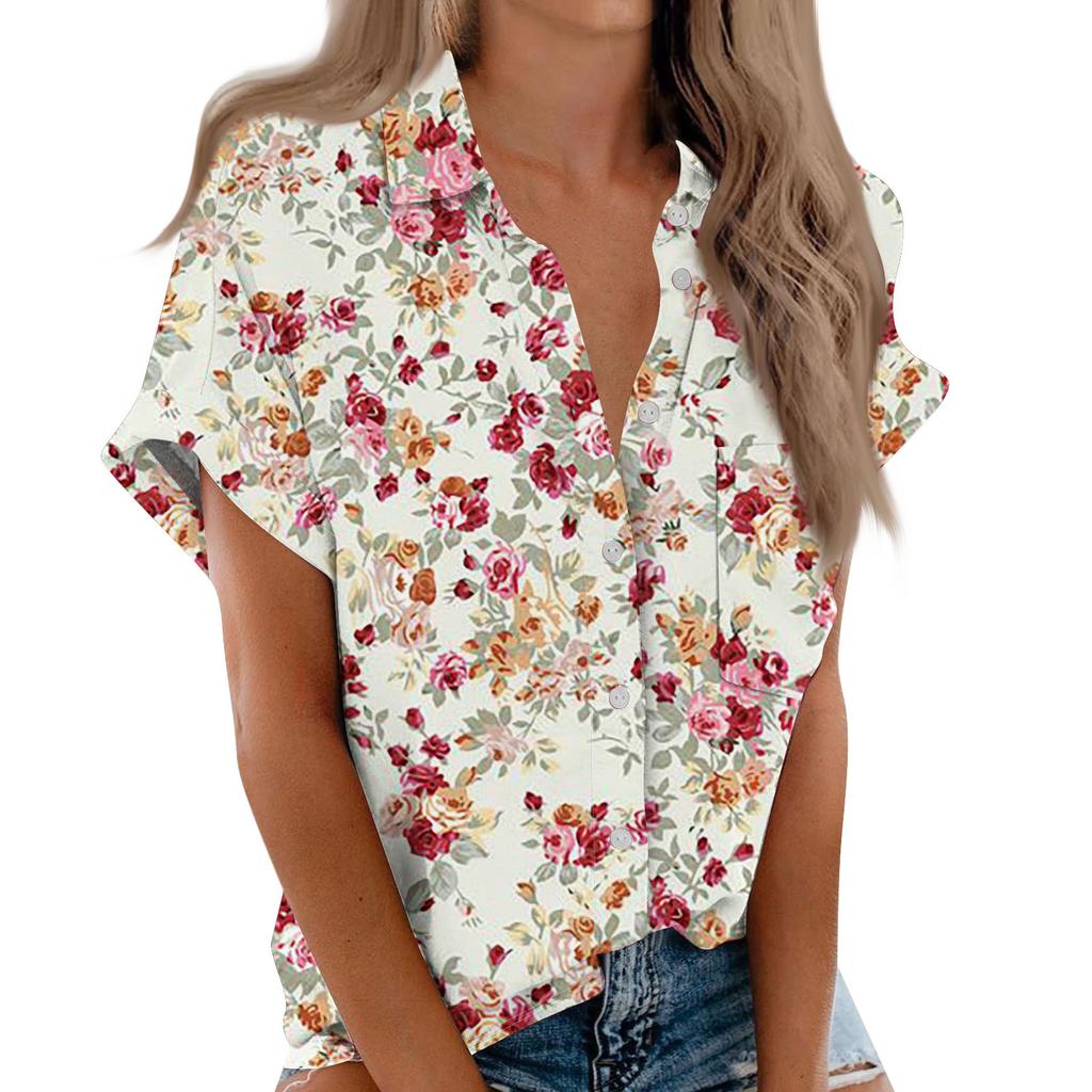 Женская рубашка с короткими рукавами, повседневный модный топ на пуговицах с принтом, кардиган с нагрудным карманом