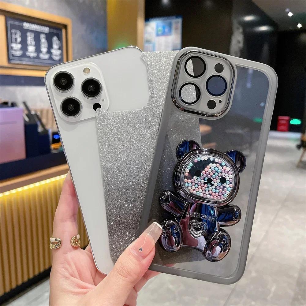 Силиконовый чехол с блестками и бусинами в виде медведя для Samsung S24 S23 S22 S21 Ultra Plus FE A53 A14 A54 A15 iPhone 16 15 14 13 12 11 Pro Max Plus XSMAX XR 8 7