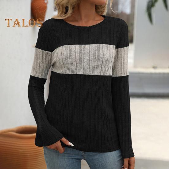 Женские топы с круглым вырезом и длинным рукавом, цветные ребристые трикотажные топы свободного кроя, повседневные свитера, повседневная одежда