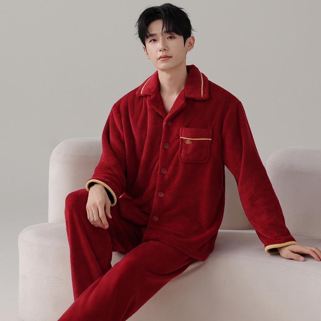 Красная свадебная пижама из кораллового флиса, костюм для пары молодоженов, осенне-зимняя утолщенная фланелевая пижама, новогодняя домашняя одежда для мужчин и женщин