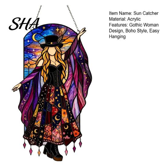 Metal Chain Sun Catcher Dancing Lady Catcher, Boho Acrylic Hanging Ornament, Retro Starry Sky Ornament Moon Gothic Woman Window Spinnner for Home Room