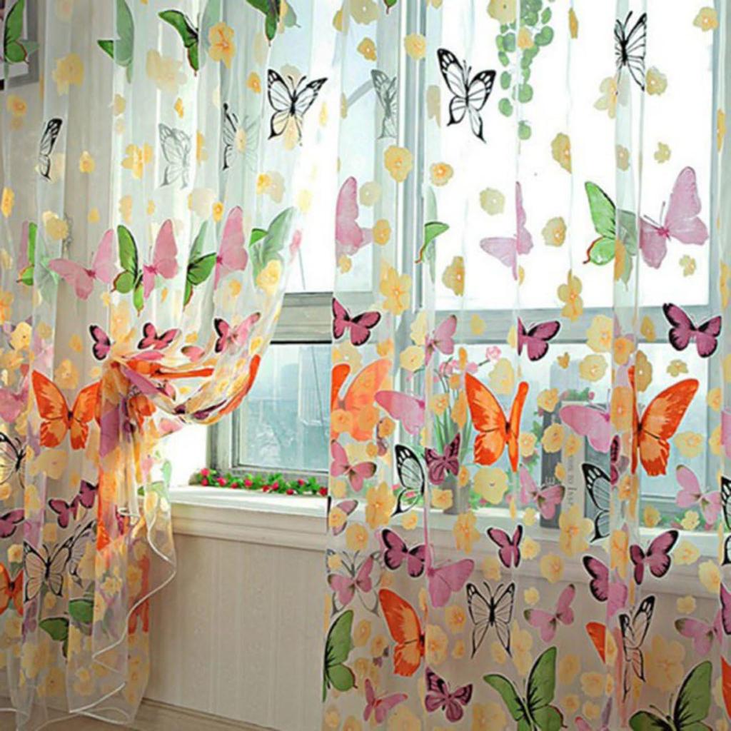 1X2M Sheer Voile Butterfly Pattern Shade Curtain Offset Print Tulle Window Door Drape Curtain for Bedroom Living Room Balcony Coffee House (2 Panels)