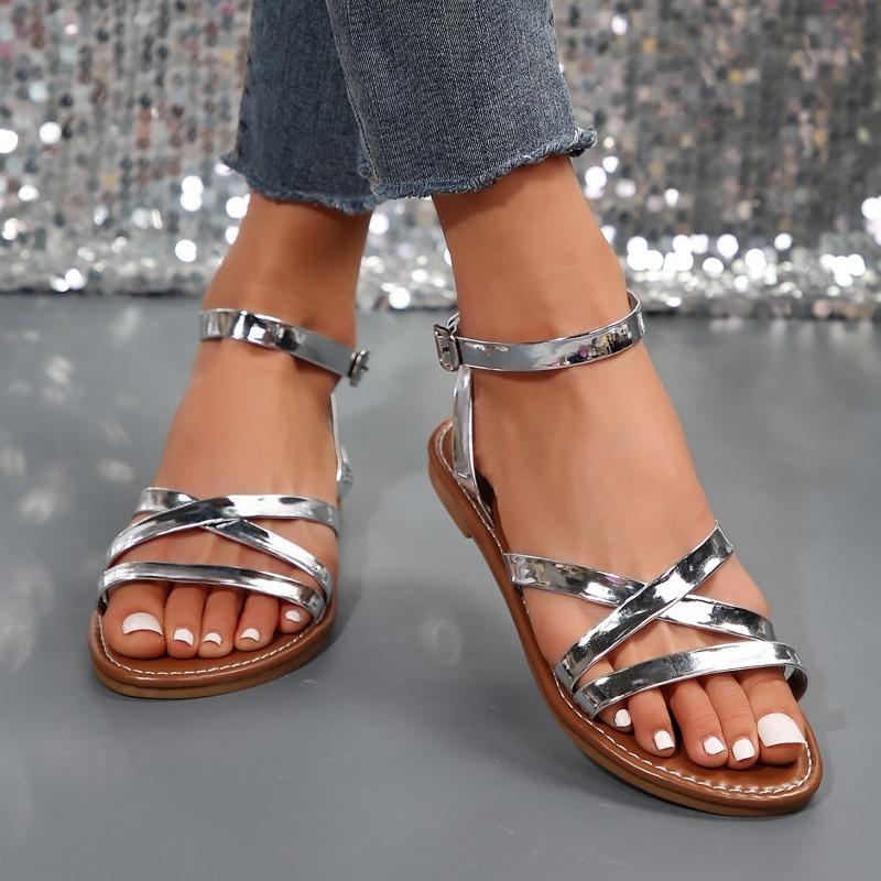 Модная обувь для женщин 2024 Летние сандалии с открытым носком для женщин Римские плоские пряжки женские сандалии большого размера