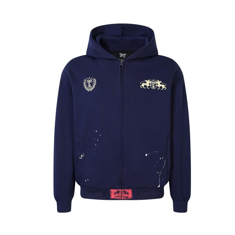 Mens Oversized Hooded Zip-Up Sweatshirt With Retro American Streetwear Ink-Splash Print Fall Casual Long Sleeve