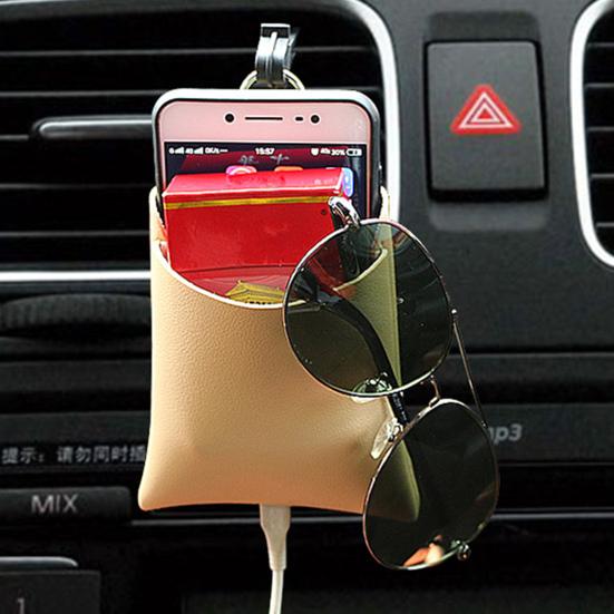 Car Storage Bag with Hook Easy To Install Minimalistic Stable Anti-fall Interior Organizer Faux Leather Car Cell Phone Air Outlet Bag for Driver