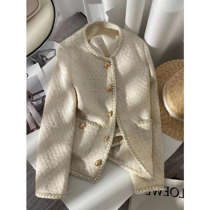 2024 Spring/Autumn Off-White Korean Style Short Tweed Jacket for Women