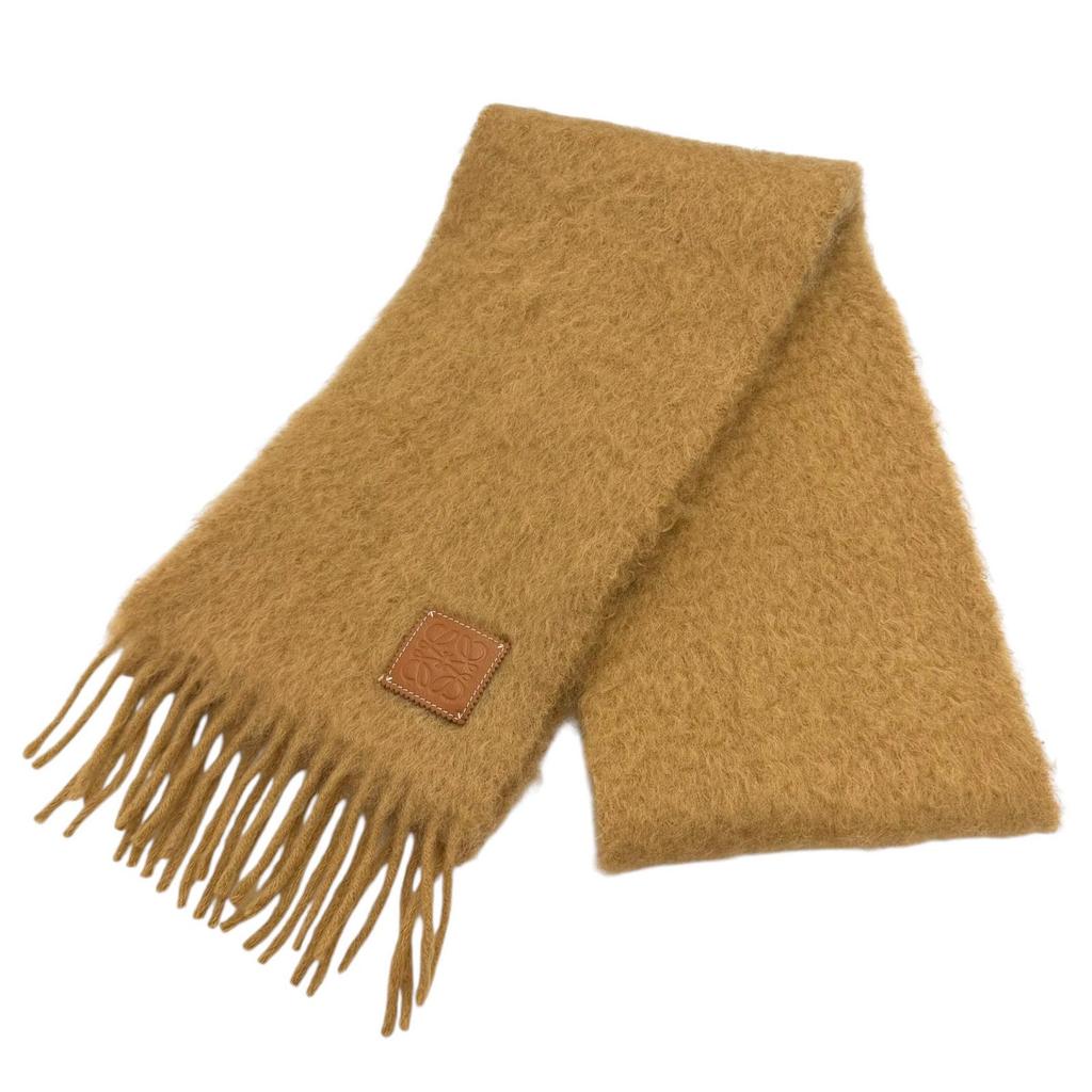 Excellent LOEWE Scarf Fringe with Anagram leather patch Brown mohair Women Used