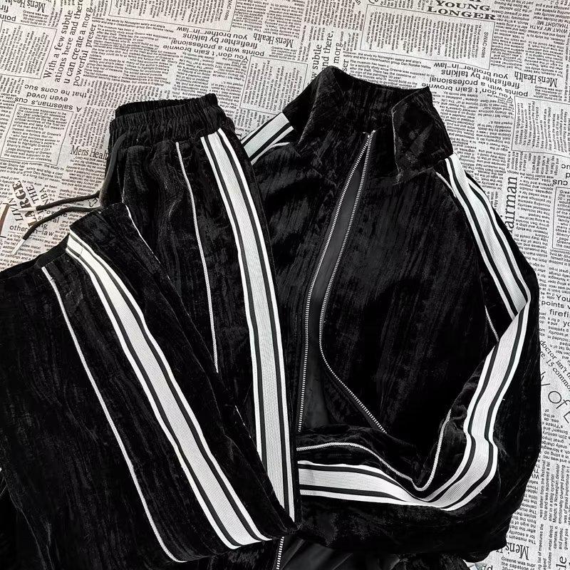 Осенний стильный полосатый свитшот из золотого бархата, спортивный костюм из двух частей для пар для мужчин