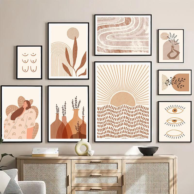 Boho Lines Sun Girl Vase Leaf Rainbow Geometry Wall Art Canvas Painting Nordic Posters And Prints Pictures For Living Room Decor